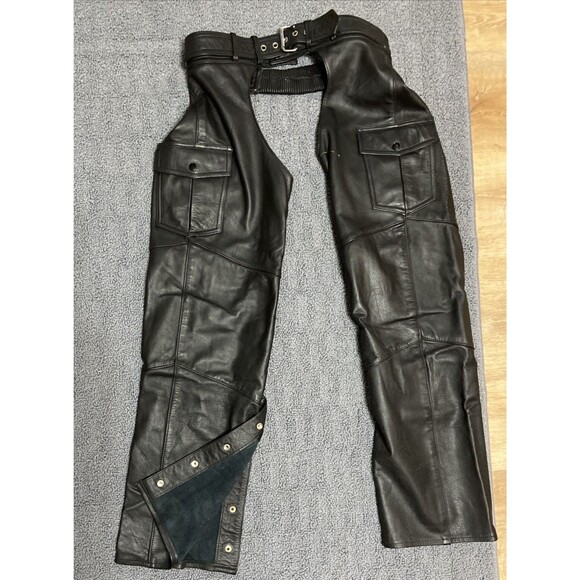 Vintage Mesh Lined Harley Davidson Leather Chaps Mens Cargo Pockets Black Medium